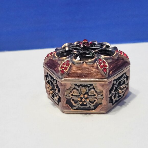 Vintage Hexagon Brown Enamel Trinket Box with Rhinestone Flower - Picture 3 of 6